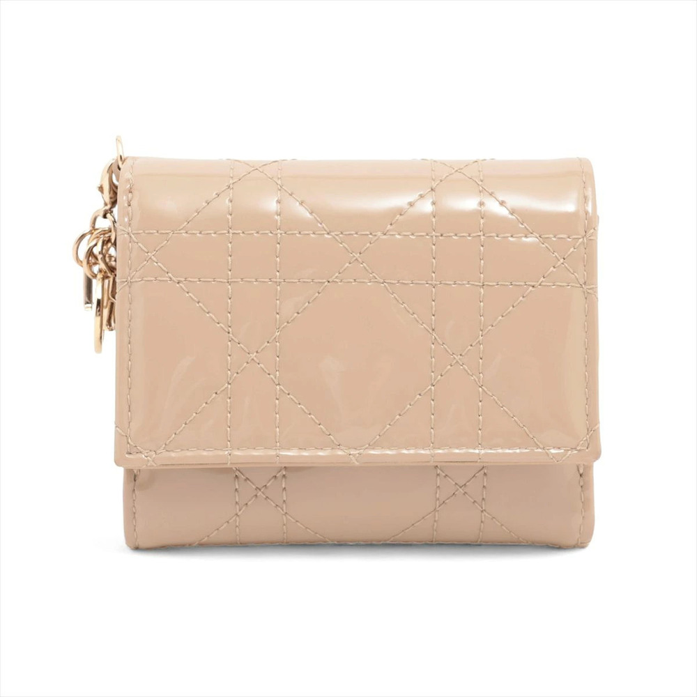 Dior Lady Cannage Patent Vernis Leather Compact Wallet Beige